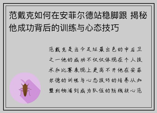 范戴克如何在安菲尔德站稳脚跟 揭秘他成功背后的训练与心态技巧